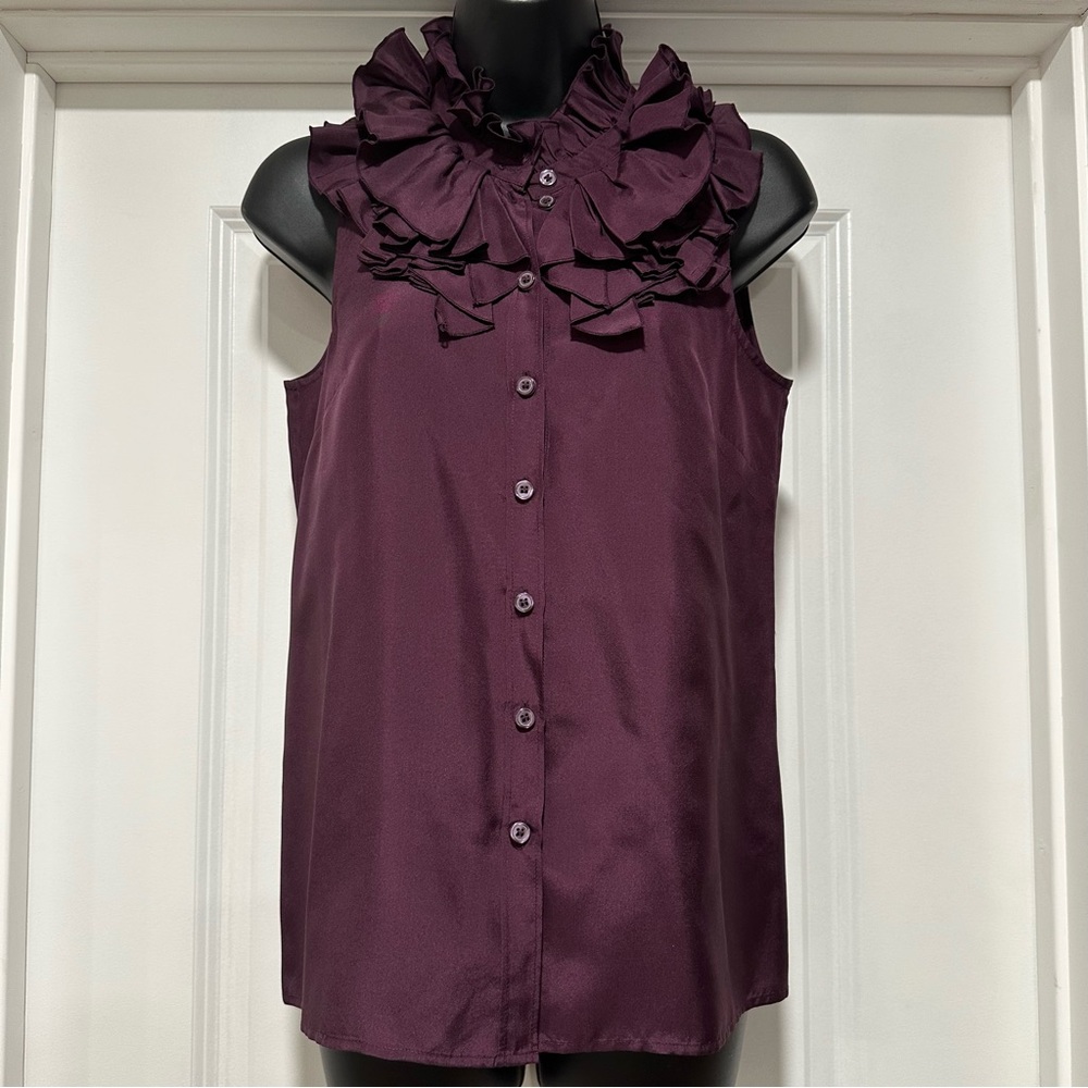 J.Crew Factory Silk Sleeveless Ruffle Blouse Tank Top Maroon Burgundy Size 0